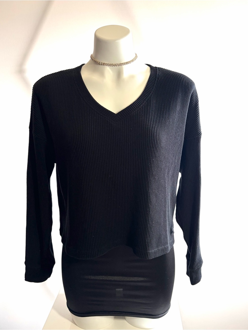 Calvin Klein Black Ribbed V-Neck Long Sleeve Top